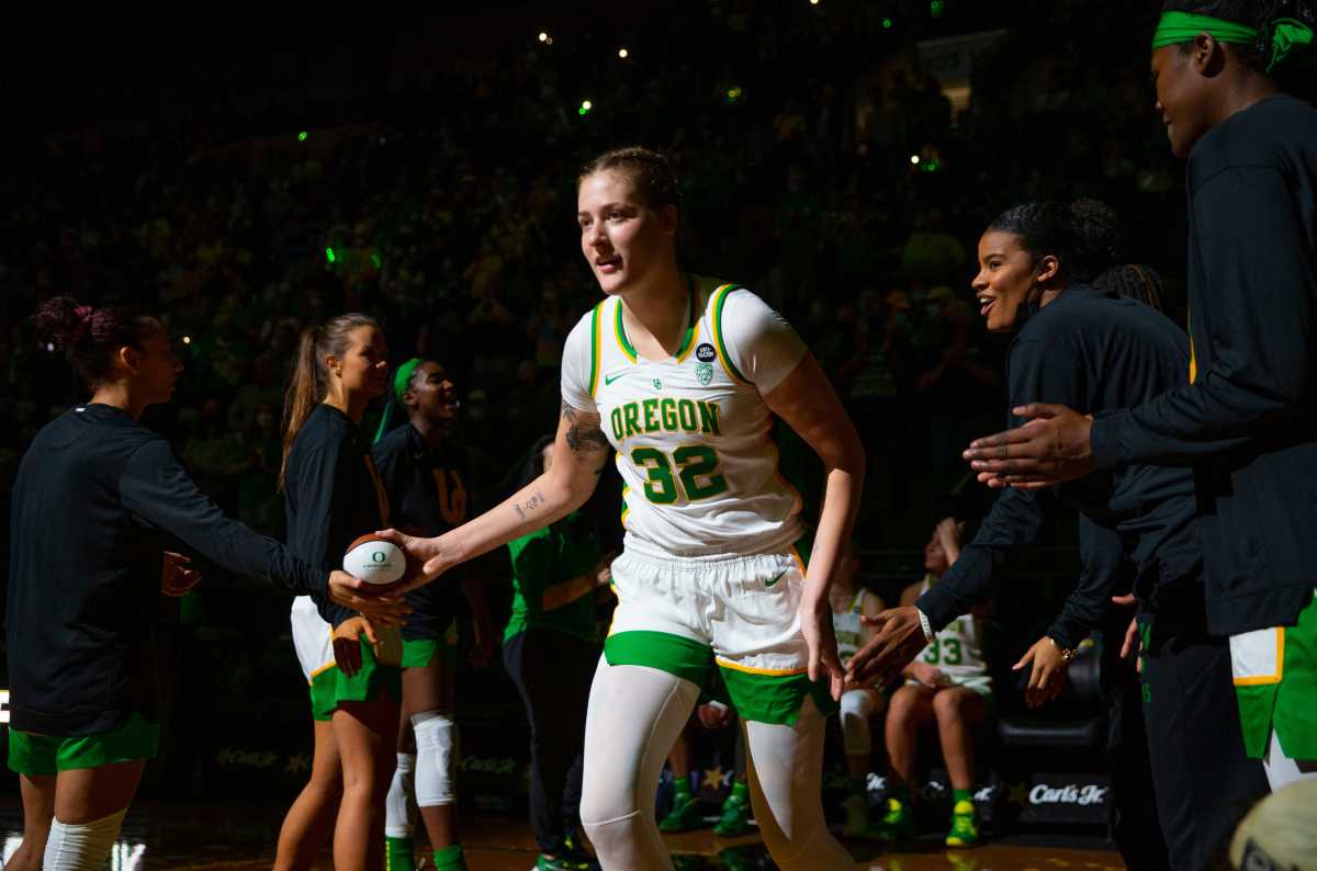 Sedona Prince takes the court during team introductions before a game against Dixie State.